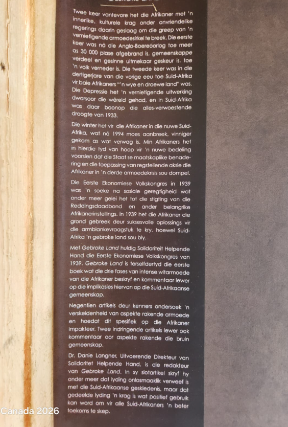 Agterblad van Gebroke Land met die opsomming van die boek se negentien artikels oor armoede